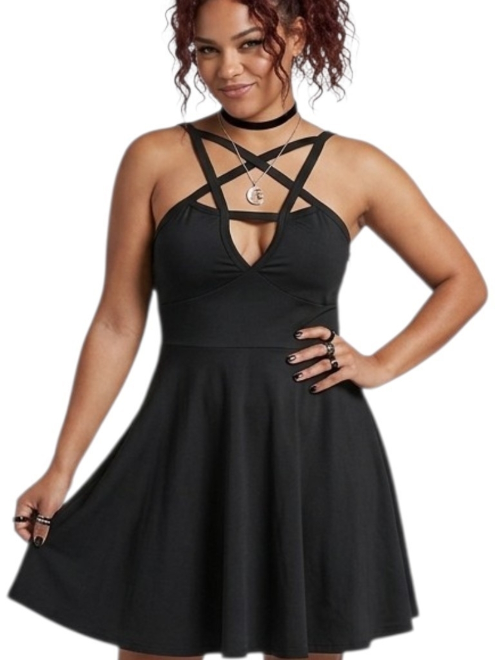 GOTHIC Pentagram Strappy Fit & Flare Mini Dress Black Cami Skater Dress